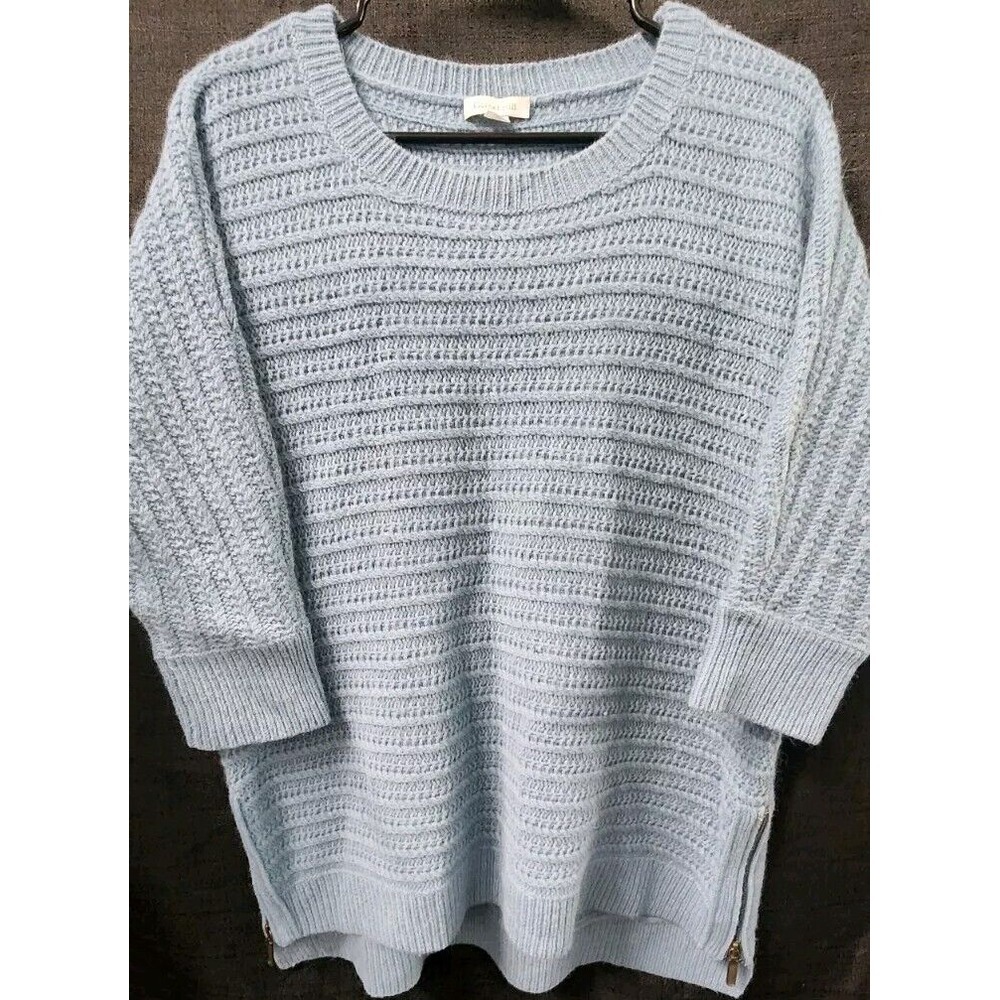 Garnet Hill Sweater Womens XS Blue Gray Lambswool Angora 3/4 Sleeve Side Zippers